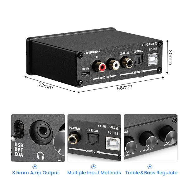 AIYIMA DAC A2 Audio Decoder Fiber Coaxial USB Decoder Bass Treble Adjustment DAC With Headphone Amplifier For Home Sound Theater