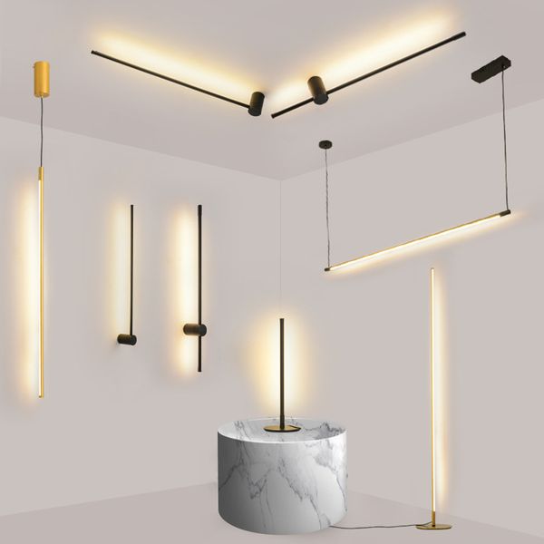 

Line Nordic Lighting Designer Simple Modern Personalized Warm Dining Room Bar Black LED Strip Minimalist Pendant Lamp 120CM