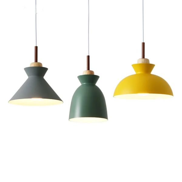 

Multicolor Nordic Solid Wood Pendant Light Aluminum LampShade Hanging Lamp for Home Restaurant Bar Cafe Living Dining Room Decor