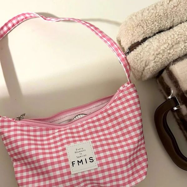 

New niche design high-quality dopamine plaid underarm bag Korean one shoulder handbag niche minimalist handbag women canvas bag, Pink
