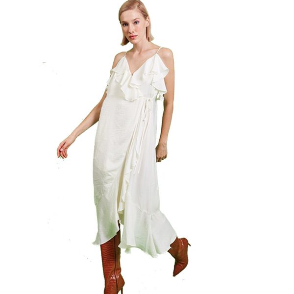 

dresses for women 2024 Emerald Silk Blend Maxi Ruffle Wrap Dress, Aqua