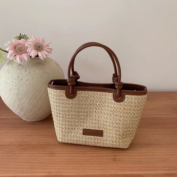 

Korean women fashionable and practical beach style portable small bag with large capacity one shoulder crossbody bag vegetable basket water bucket straw woven bag, Brown