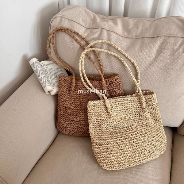

High quality women fashionable one shoulder large capacity grass woven bag portable simple classic leisure bag seaside vacation beach rattan woven bag, Beige