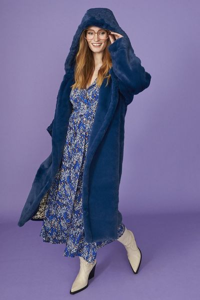 

clothe for women 2024 Bold Blue Hooded Faux Fur Coat with Button Fastening