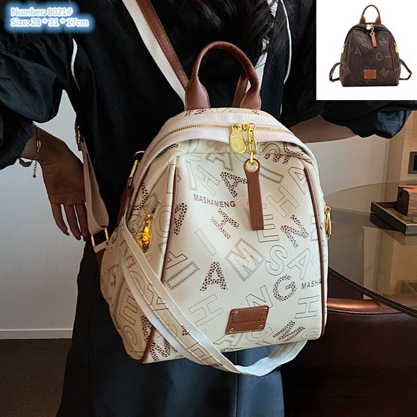 

Outlet factory shoulder bag 2 colors simple thick printed casual backpack college wind wear-resistant leather handbag double zipper bag fashion backpacks 8021#, White