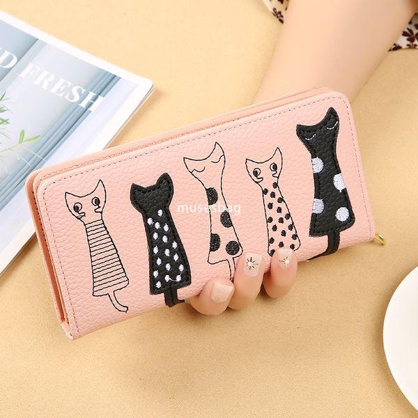 

Fashionable women designer temperament European and American cat cute cartoon embroidery thread lightweight and multifunctional zipper long wallet wallet, Rice white