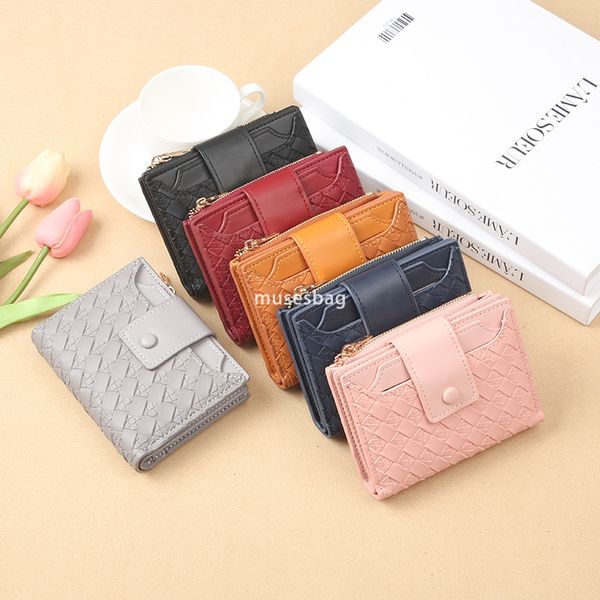 

Fashionable Women High Quality Short Wallet with Woven Pattern and Multiple Card Positions PU Leather Solid Color Simple Large Capacity Change Bag Card Bag, Black