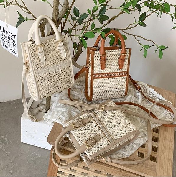 

Factory wholesale ladies handbag 3 colors travel holiday woven handbag summer popular straw beach bag sweet little fresh embroidered tote bag 1759#, White