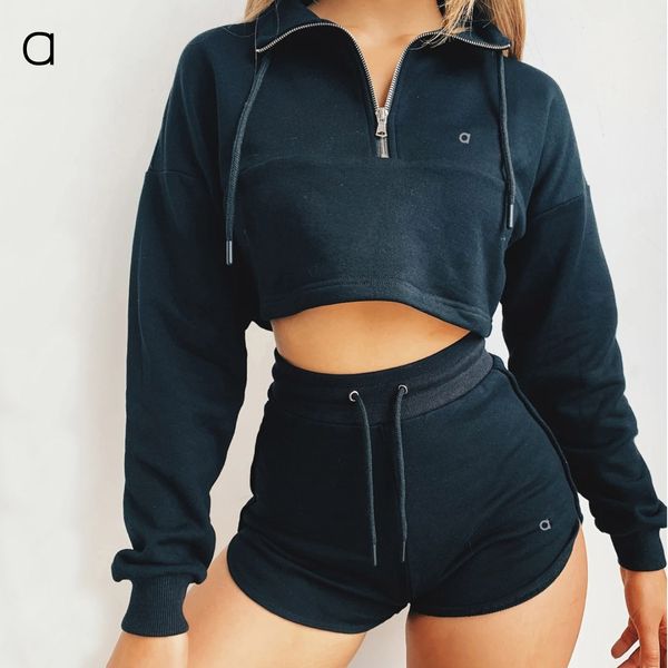 

A366 Women's Semi-zipper Top Sports Coat Fashion Casual Shorts Suit Fiess Set, Blue