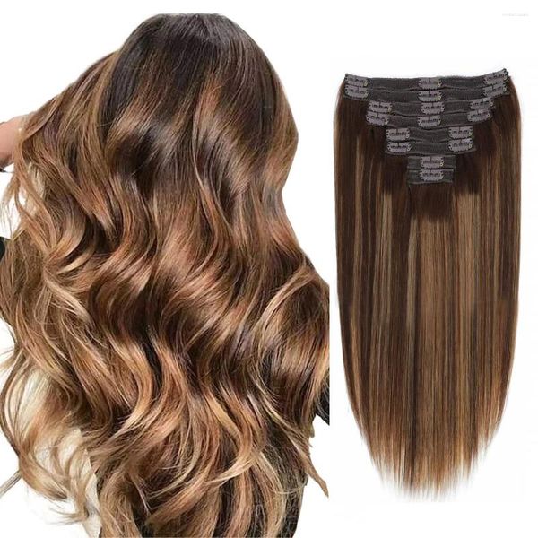 

Straight Clip In Human Hair Extensions P4/27 - Full Head Natural Hairpiece with 18 Secure Clips, Black