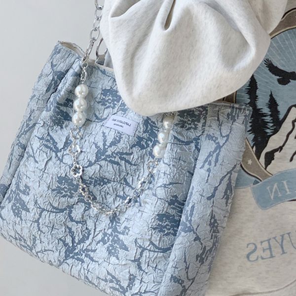 

Street trend niche design soft leather sea salt blue jacquard canvas tote bag new western-style large capacity niche one shoulder bag for women