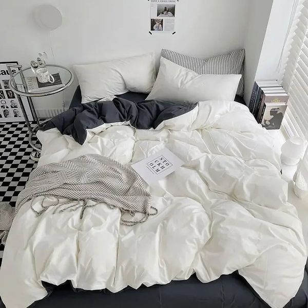 

Bedding Set Queen King Size Home Textile Solid Color Duvet Cover 1Pillow Case Bed Sheet Bedroom AB Side Quilt e 240624, Ivory