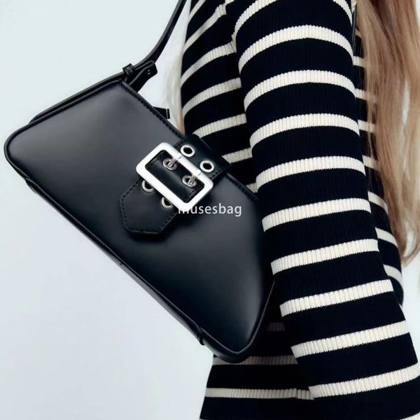 

Women Bag New European and American Versatile Black Buckle Decoration Single Shoulder Underarm Bag High Grade Feel Handheld Stick Bag