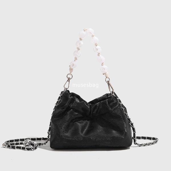 

Chinese style pleated chain bag with niche design cloud shaped bag silver bag new single shoulder crossbody bag pearl dumpling bag, Black