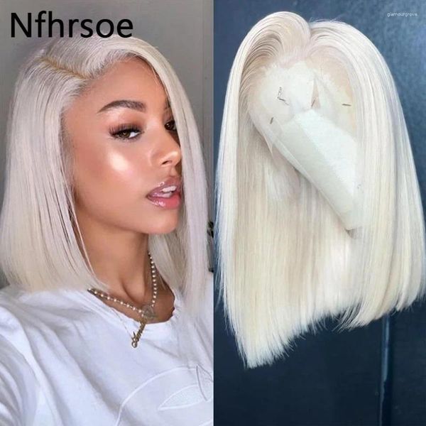 

Colored Platinum Short Bob Wig 13x4 Lace Front Human Hair Wigs 180% White Blonde Straight HD Frontal s al, Picture shown