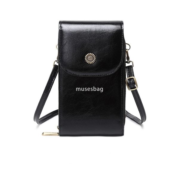 

Western style women designer mobile phone bag oil leather vertical fashion bag mini one shoulder bag European and American multifunctional crossbody bag, Black