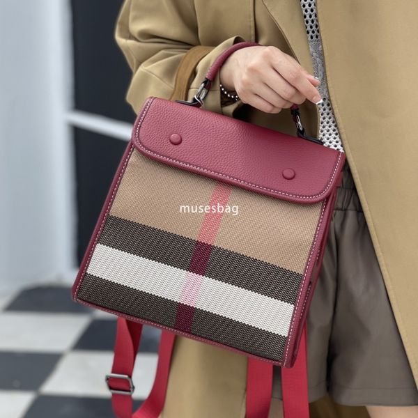 

New atmospheric and fashionable top layer cowhide plaid color contrasting backpack one shoulder portable versatile backpack for women, Brown