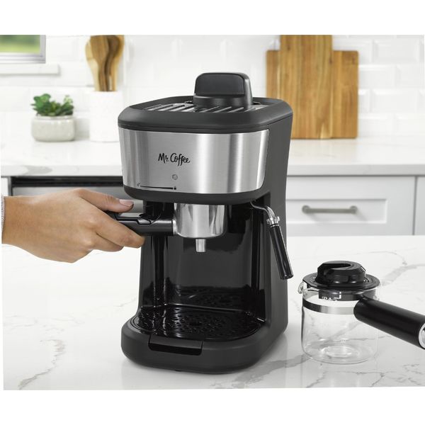 4-Shot Steam Espresso, Cappuccino, and Latte Maker in Black, Single Serve Coffee Maker with Milk Frothing Pitcher and Steam Wand