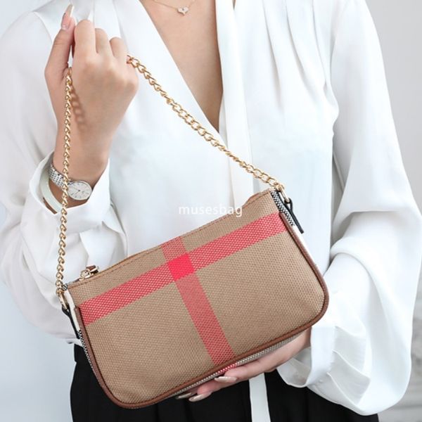 

Urban minimalist chain small bag canvas plaid bag new high-end and fashionable leather women bag underarm bag single shoulder crossbody bag, Brown
