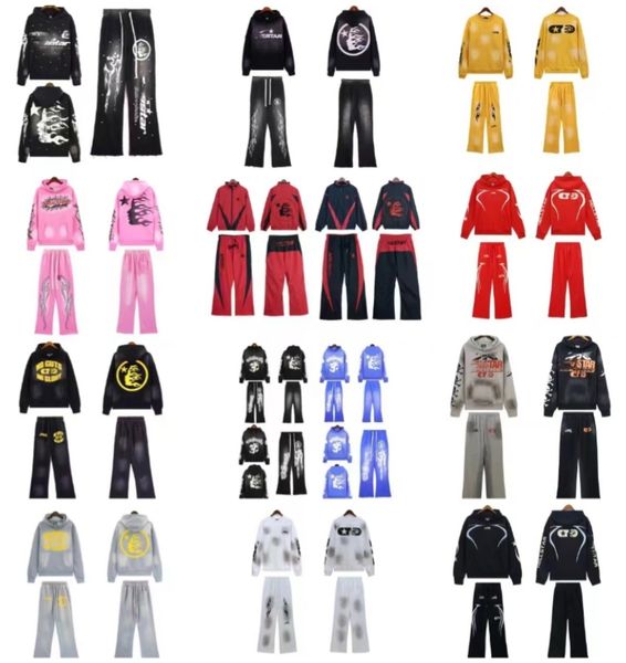

Mens designer hoodies tracksuit Sports Suit womens Sweatshirt Zipper embroidery Hell Hoodie Long Sleeve Pullover street trend Hip Hop Retro Alphabet Print pants, Sandybrown