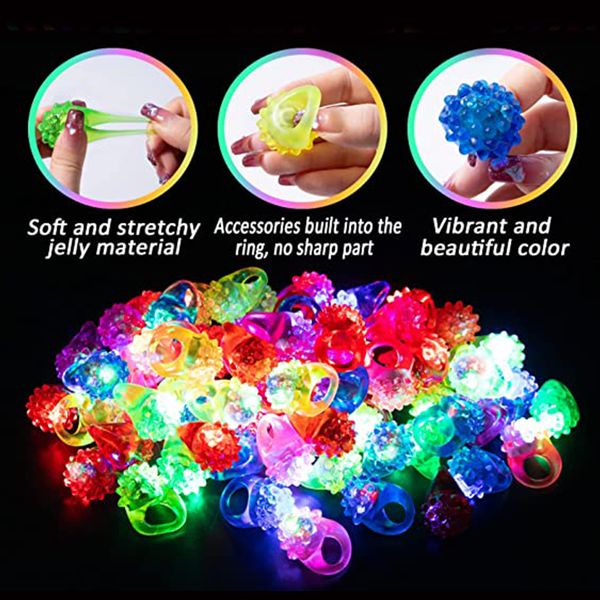 

LED 50pcs Light Up Ring Bumpy Rings Flashing LED Bumpy Jelly Ring Light-Up Toy Birthday Rewards Eggs Filler Glow Party Supplies s -