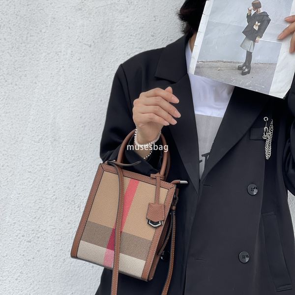 

High quality street trend new niche design plaid square crossbody bag for women with contrasting color casual shoulder leather cotton linen mobile phone bag, Brown