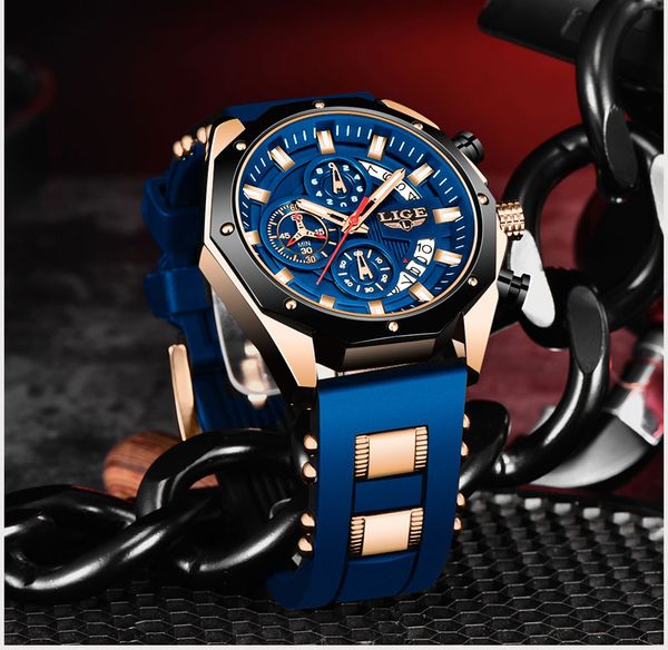 

LIGE Mens Watches Brand Luxury Silicone Strap Waterproof Sport Quartz Watch Men Chronograph Military Clock Multi-function chronograph Quarzuhr, Silver