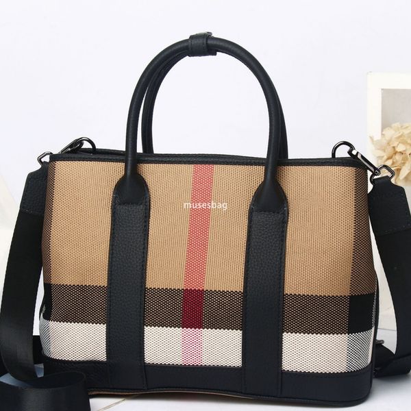 

High quality brand fashionable contrasting color large capacity genuine leather canvas women bag new high-end grid garden tote bag crossbody bag handbag, Grey