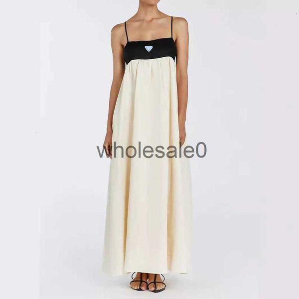 

Designer Casual Dress summer casual color contrast strapless dress for women with suspender cotton and linen vacation long, Pink