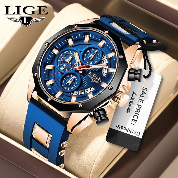 

LIGE Mens Watches Brand Luxury Silicone Strap Waterproof Sport Quartz Watch Men Chronograph Military Clock Multi-function chronograph, Blue