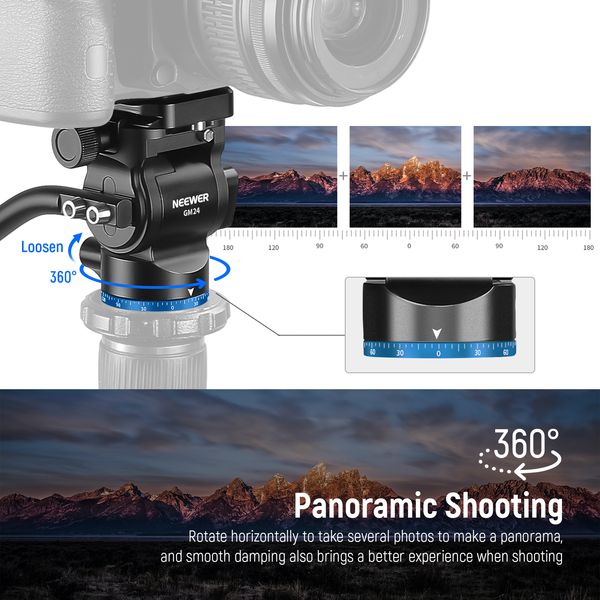 NEEWER Tripod Fluid Head Pan Tilt Head with Arca Type Quick Release Plate and Handle, Metal Panorama Head with Scaled Base