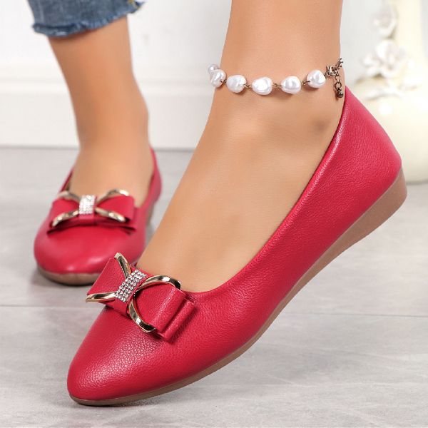

Pointed single shoe women's spring new fashionable casual rhinestone bow flat bottomed large wedge heel shallow mouth bean shoes, White