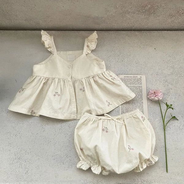 

CEL Baby Girl Summer Set Toddler Embroidered Ruffle Dress Top Shorts 2pcs 240624, Beige