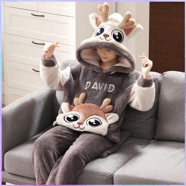 

Winter Family Pama Set: Thick Flannel Womens Warm PJs Neutral Top Jumpsuit Trouser Set