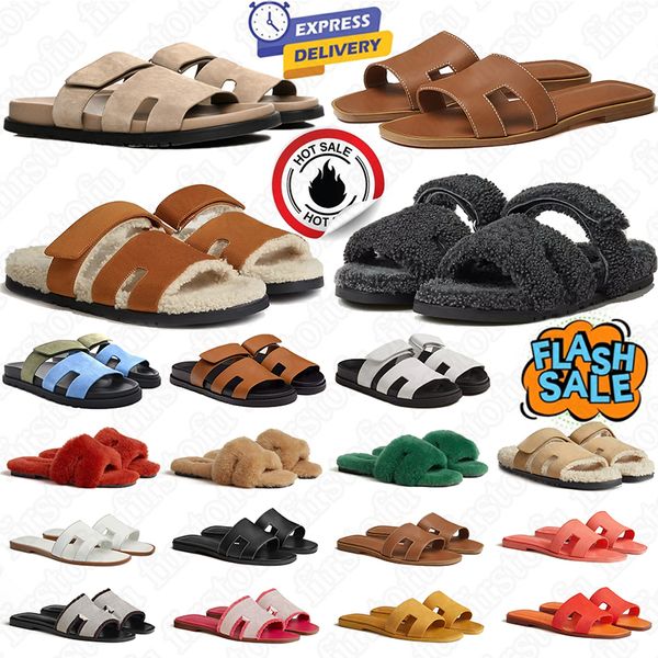 

designer sandals slippers fur slides fleece-lined sliders womens luxury women triple black white brown leather suede flat beach slide black ladies outdoor shoes, Brick red