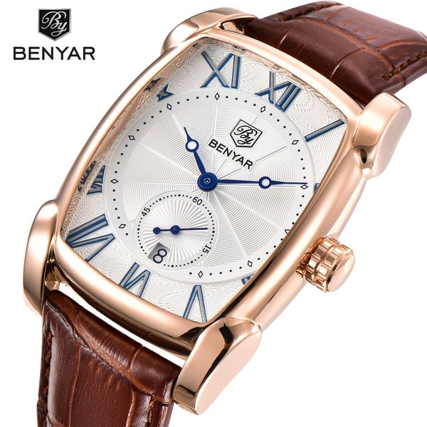

Wristwatches Binya Watch Mens Quartz Strap Genuine Leather Casual Waterproof Square Case Alloy Mirror Material Coated Glass, Golden shell
