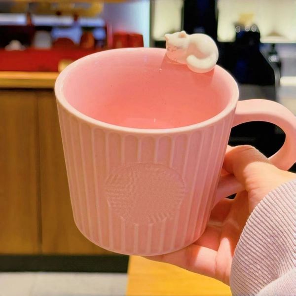 

star pink series mug 301400ml 3d cat and bronze badge golden mermaid ceramic coffee cup, Pink copper seal + star spoon