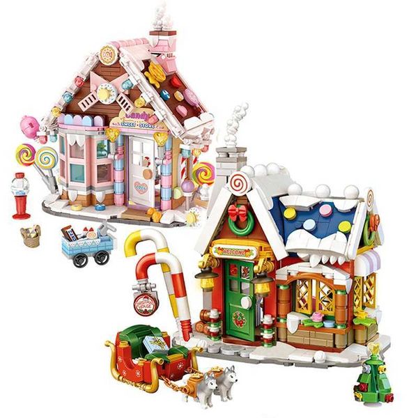 

City Street Scene Cartoon Candy Building Bloc DIY Cute Christmas House Model Assembled Ornaments Childrens Toys Gifts Q241007