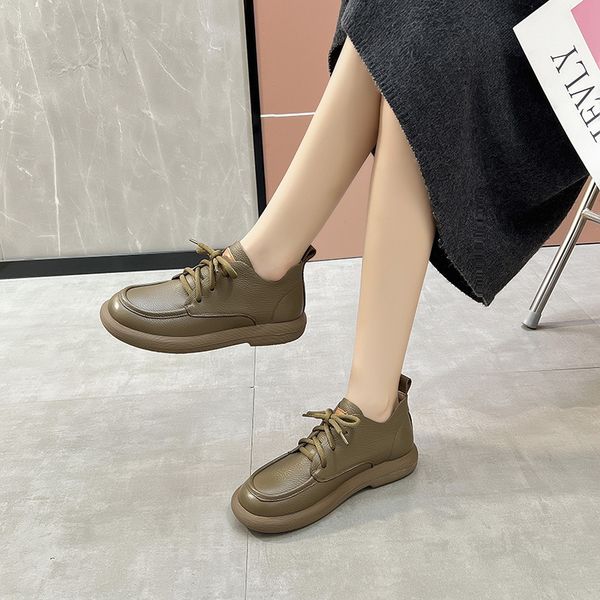 

Head cowhide Martin boots women's short boots autumn and winter shallow mouth V mouth round head retro flat bottomed lace-up mother shoes padded, Black