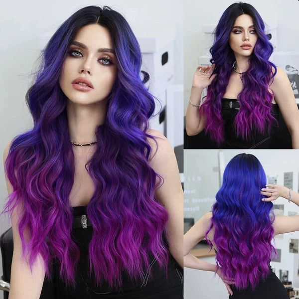 

Ombre Dream Blue Purple Highlights for Women - Long Wavy Cosplay Party Wig, #1b