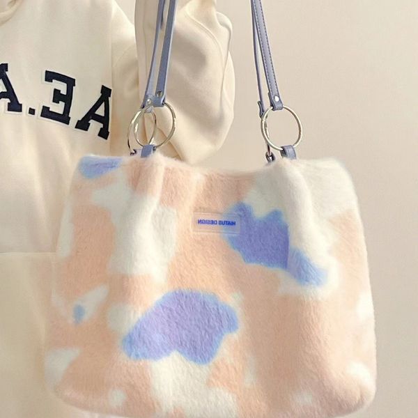 

Hairy bag women winter new blue pink rabbit plush handbag shoulder bag college students large capacity Tote bag, Split