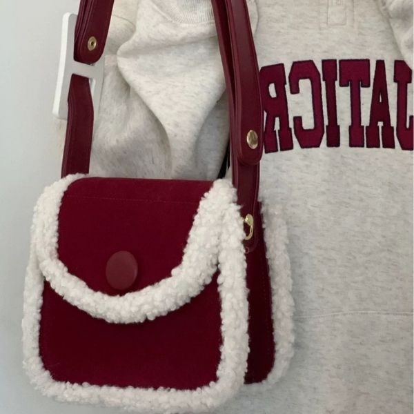 

Christmas lamb wool bag new niche small square bag simple everything shoulder bag oblique span bag, Red