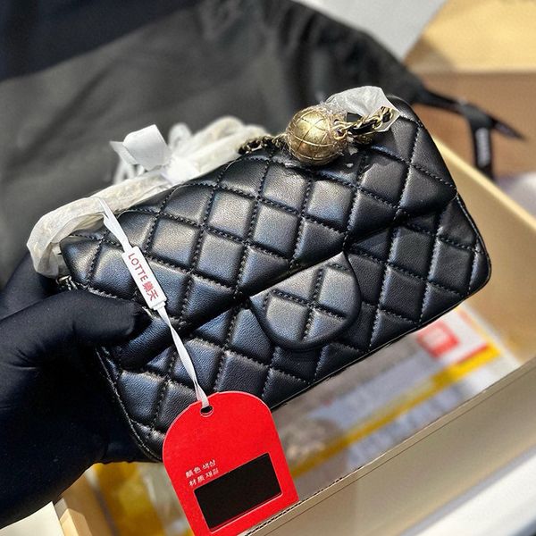 

Quilted Sheepskin Leather Mini Flap Pouch Bag Brand CF Dias Quilt Pattern Designer Women Shoulder Gold Ball Woven Chain Strap Crossbody Bags, Black