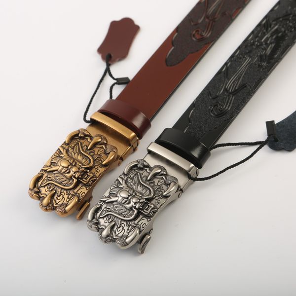 

High-end hand-carved whole dragon automatic buckle leather belt, Black