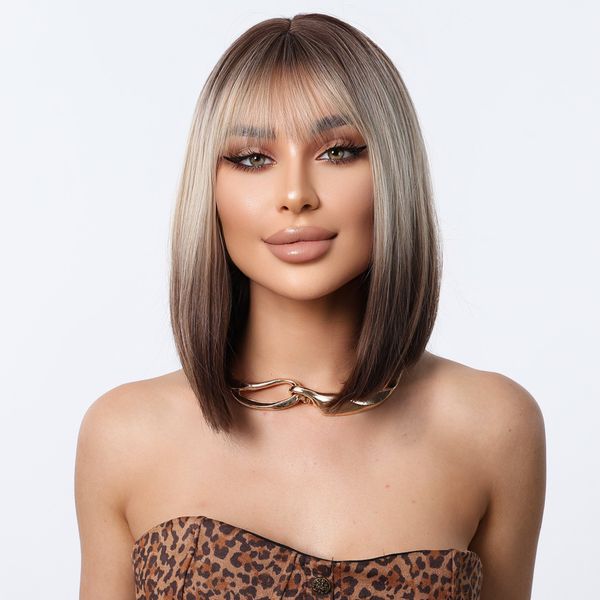 

European and American women's orange bob wig with bangs and short hair Gradient Brown wig set, Medium brown