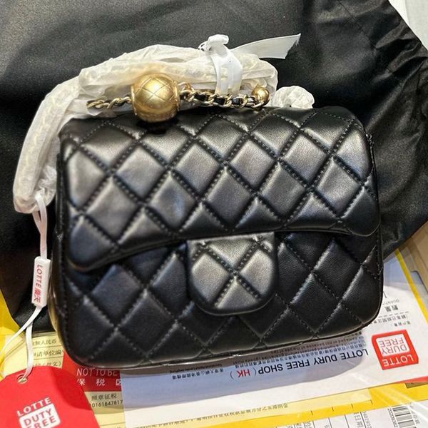 

Quilted Sheepskin Leather Mini Flap Pouch Shoulder Bag Brand CF Dias Quilting Pattern Designer Women Crossbody Woven Gold Ball Chain Strap Evening Bags, White