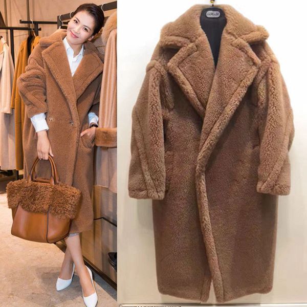 

Winter Snow Cold Thick Lamb Overcoats Women Teddy Bear Faux fur Loose Jacket Maxi Long Fur Coat Outwear, Khaki