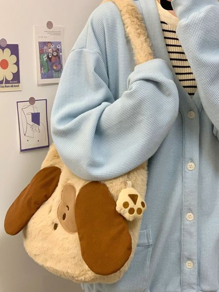 

Cute puppy embroidered handbag Autumn/Winter plush large capacity female student shoulder bag Underarm commuter bag, Brown