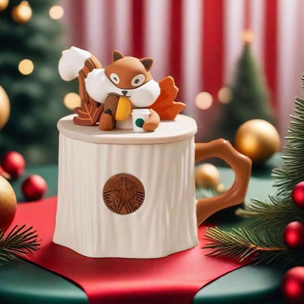

Autumn Forest Stump Ceramic Cartoon Squirrel Shaped Cup Body Inlaid With Goddess Bronze Medal coffee mugs For Home Work, Army green