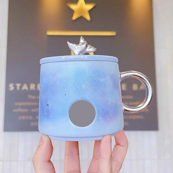 

Ceramic Tail Strap Seal Mark Blue Purple Gradient Lid Cup Body Inlaid With Goddess Bronze Medal Coffee Mugs, Navy blue